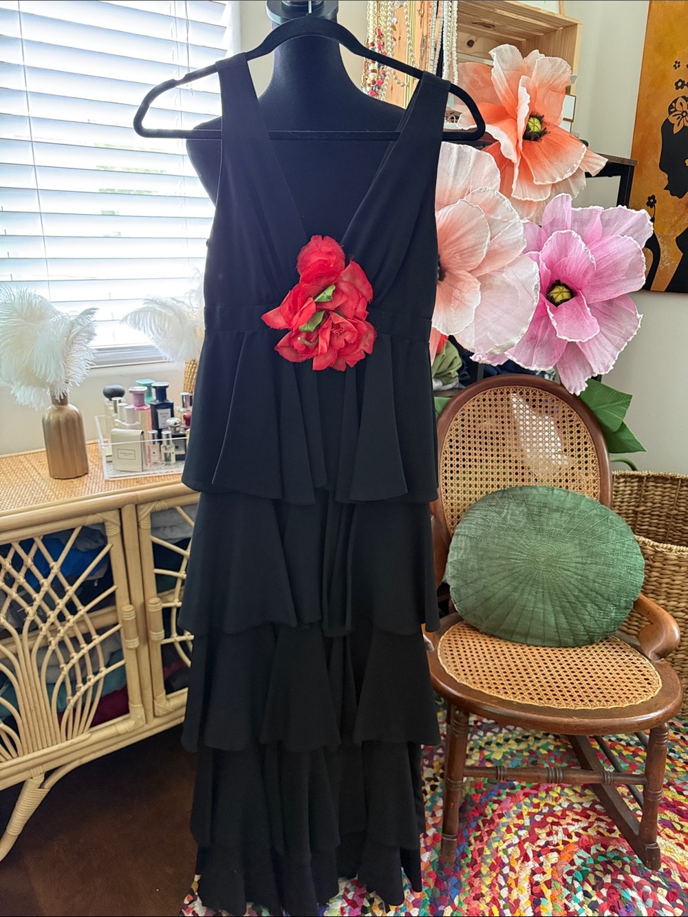 Vintage 70s Calderon Black Tiered Red Rose Flamenco Gothic Maxi Dress